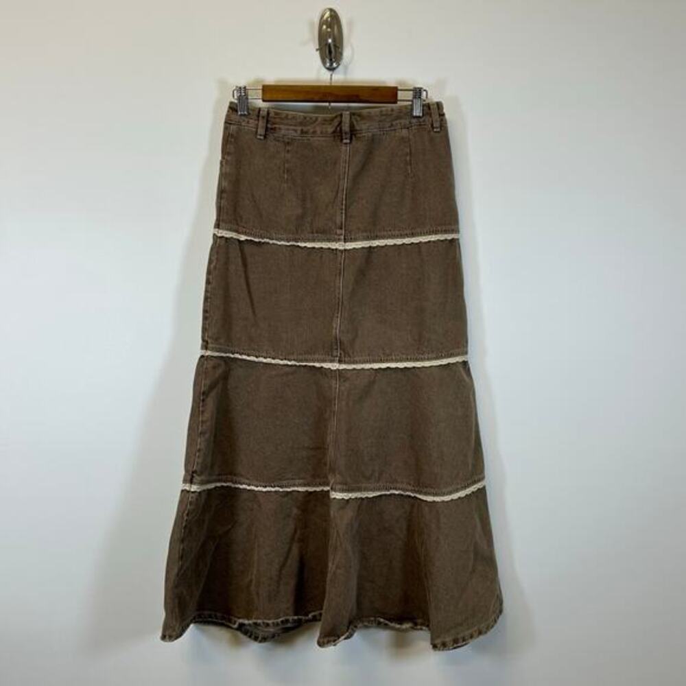 Vintage Y2K Brown Tiered‎ Denim Maxi Skirt Boho Cottagecore Women’s M - Picture 6 of 6